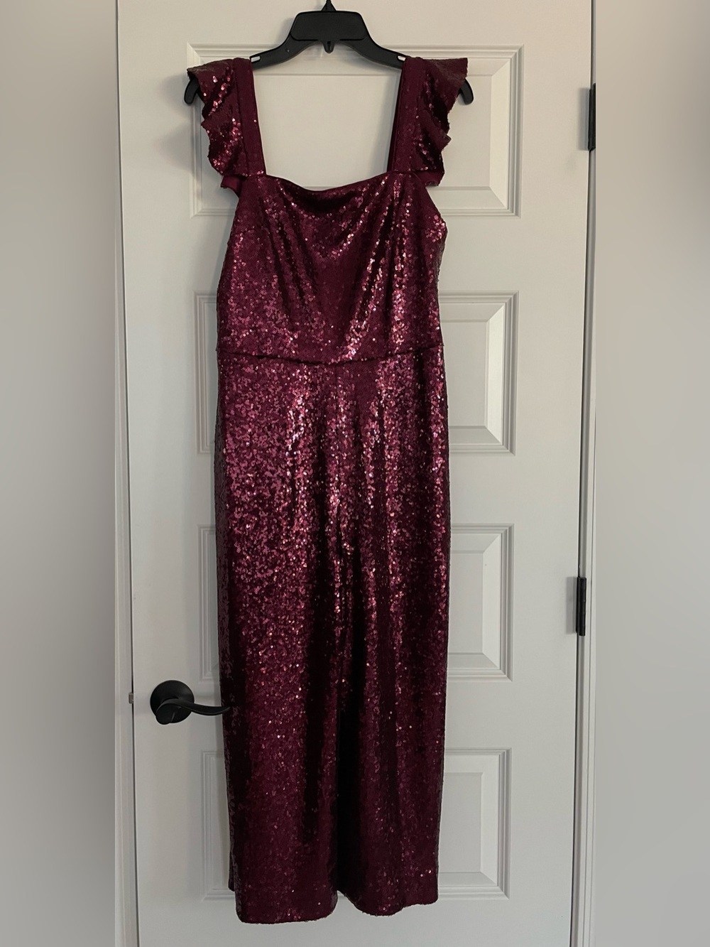 Gal Meets Glam Casey Burgundy Red Sequined Cropped Pant Jumpsuit